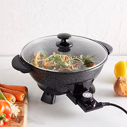 VonShef 1400W Electric Non-Stick Wok with Tempered Glass Lid, 5L Multicooker Skillet in Black – 3