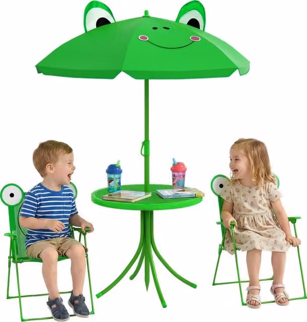Outsunny Kids Folding Picnic Table and Chair Set with Height Adjustable Sun Umbrella, Green Frog Pattern