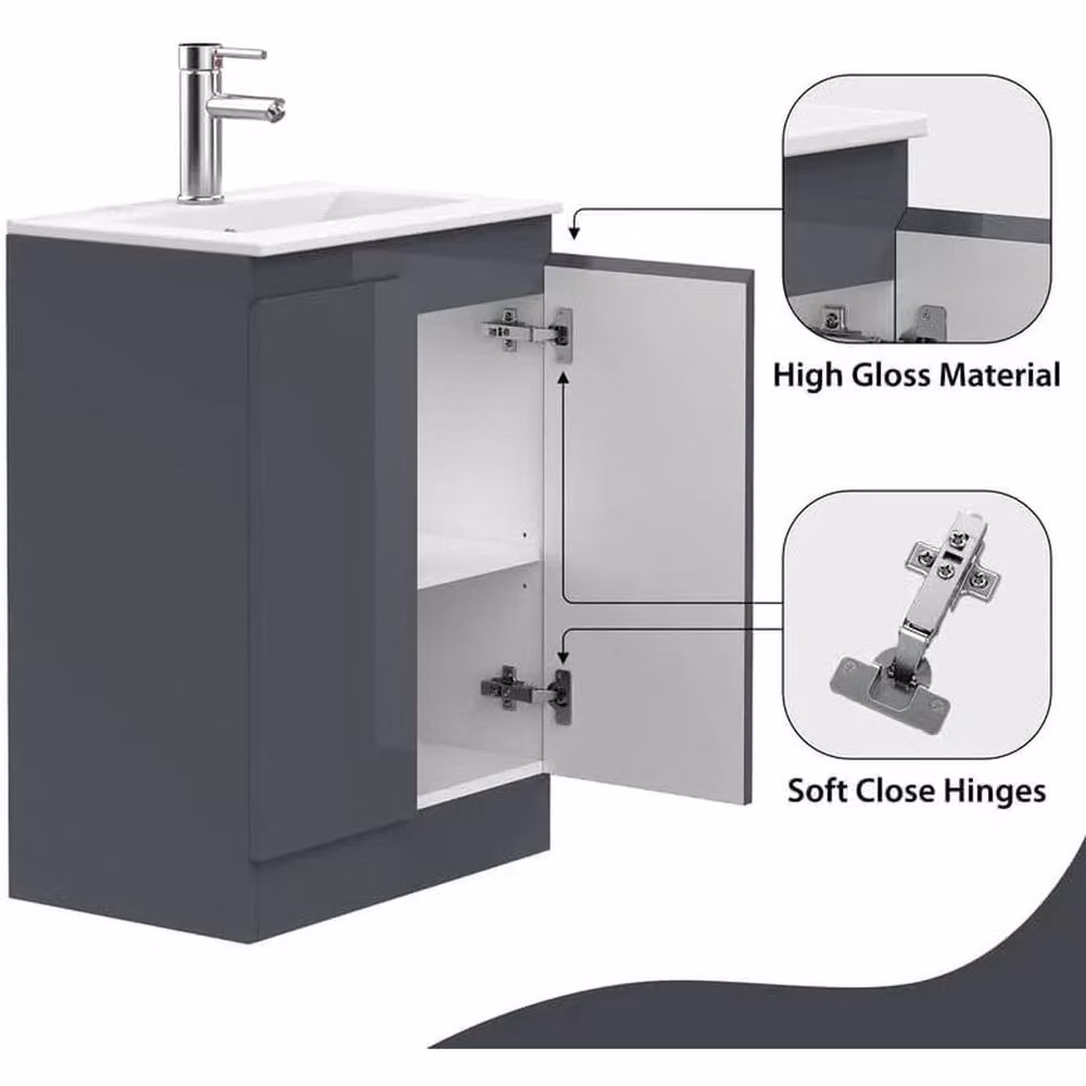 FORGEVIO Grey Modern Floor Standing Bathroom Vanity Unit with Basin and Soft Close Hinged Doors, Width: 60 cm – 5