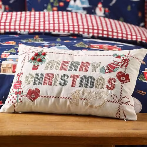 Catherine Lansfield Merry Christmas Cross Stitch Rectangular Cushion in Beige and White, W: 50 cm, H: 30 cm – 4