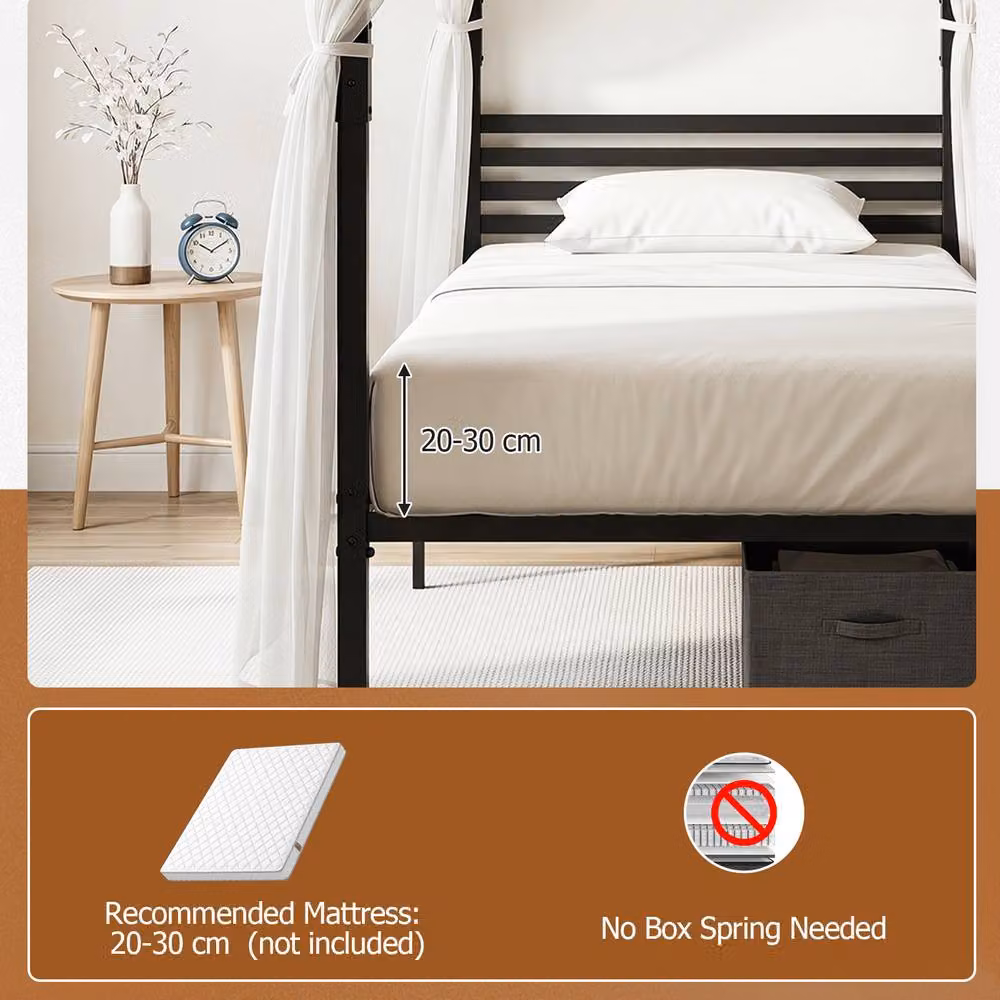 Costway Single Size Metal Canopy Bed Frame with Headboard in Black, W/D/H: 140 x 200 cm – 9