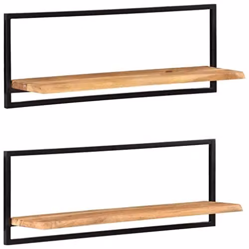 vidaXL Set of 2 Industrial Wall Shelves in Acacia Wood and Steel, W: 100 cm, D: 24 cm, H: 35 cm