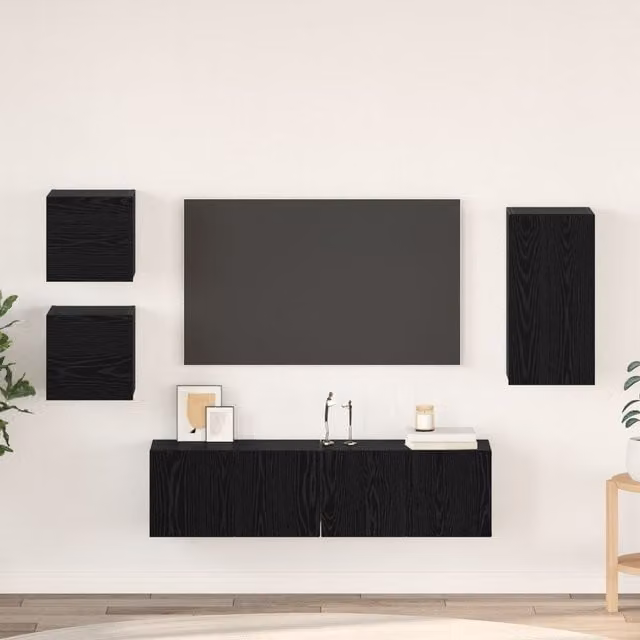 Berkfield Home Modern 5-Piece Black Oak TV Cabinet Set with Wall-Mounted Storage and Lowboard – 1