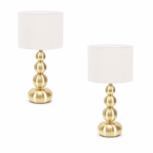 ValueLights Marissa Pair of Gold and Brass Stacked Ball Table Lamps with Fabric Shades