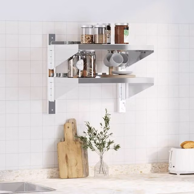 Berkfield Home 2-Tier Wall Mounted Metal Shelf in Silver, W/D/H: 50 x 40 x 60 cm