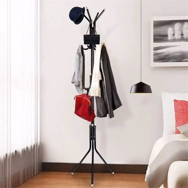 Nordara Modern Tripod Floor Standing Clothes Hanger Rack with Hooks in Matt Black