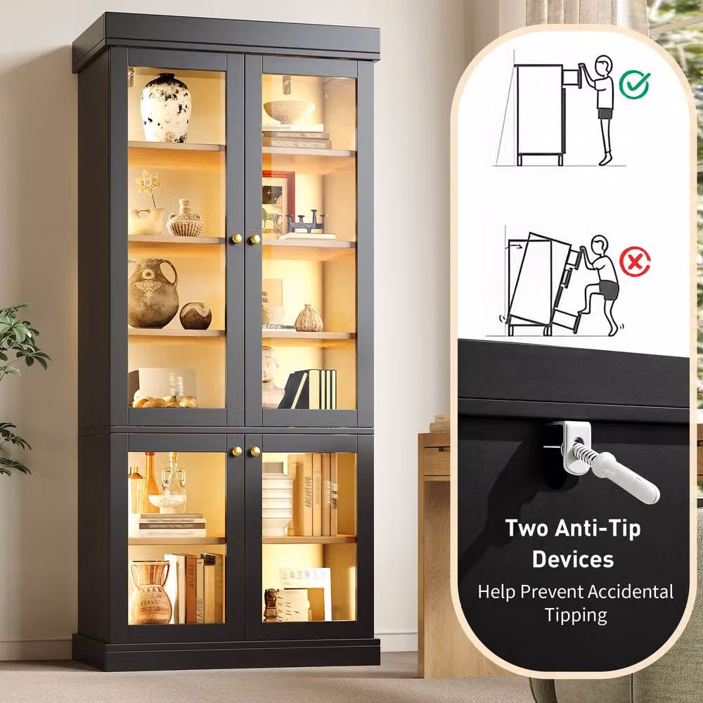 Merax Modern Tall Glass Display Cabinet with Integrated Lighting in Black, H 180 x W 40 x D 50 cm – 4