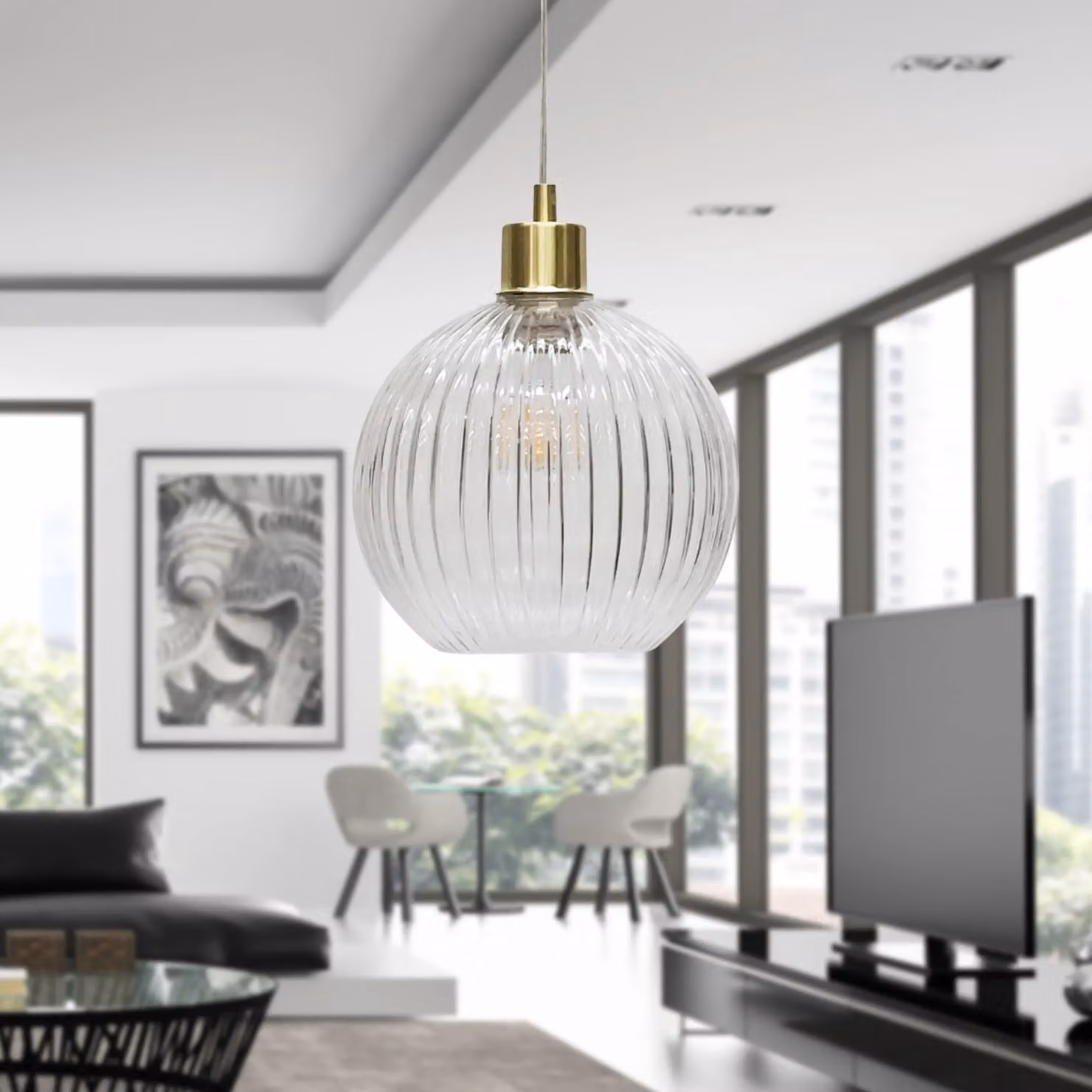 First Choice Lighting Betchley Set of 2 Pendant Lights with Transparent Ribbed Glass Globes and Gold Brass Finishes – 2