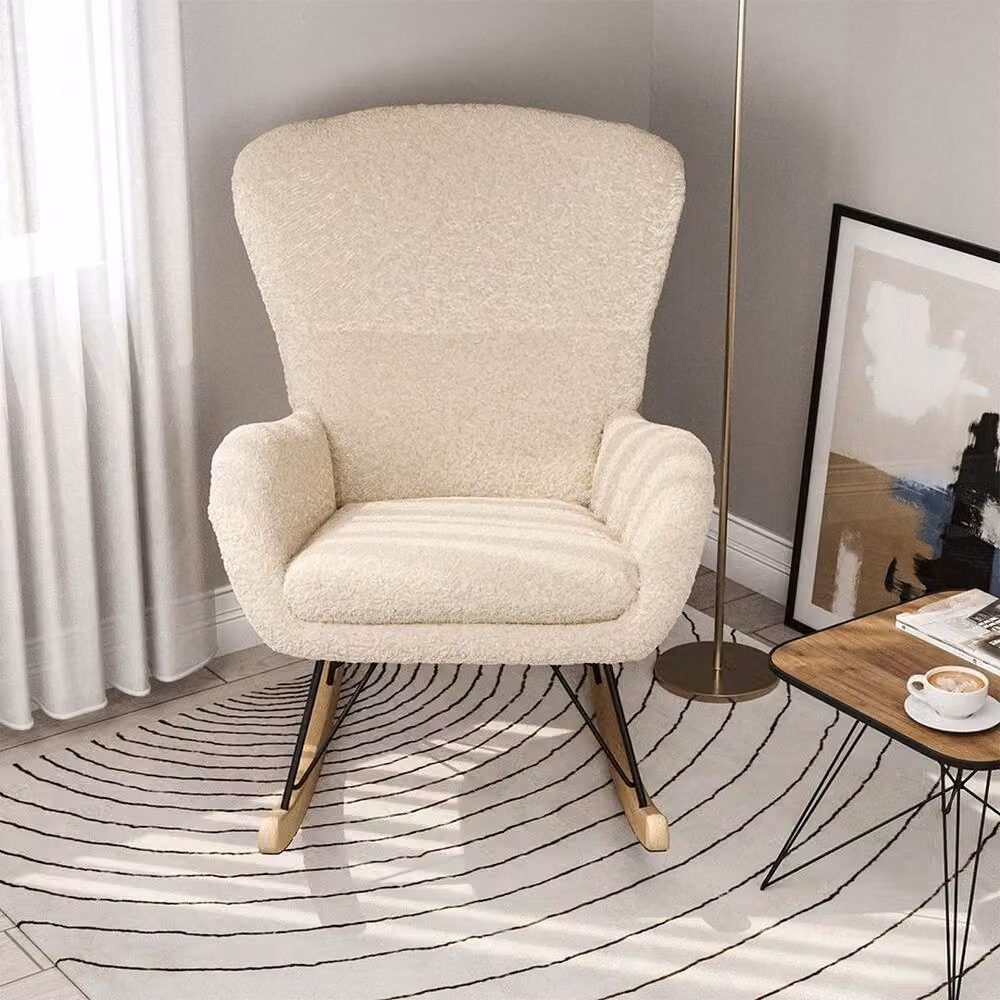 PAWNORA Beige Bouclé Fabric Rocking Chair with Metal Frame and Armrests – 3