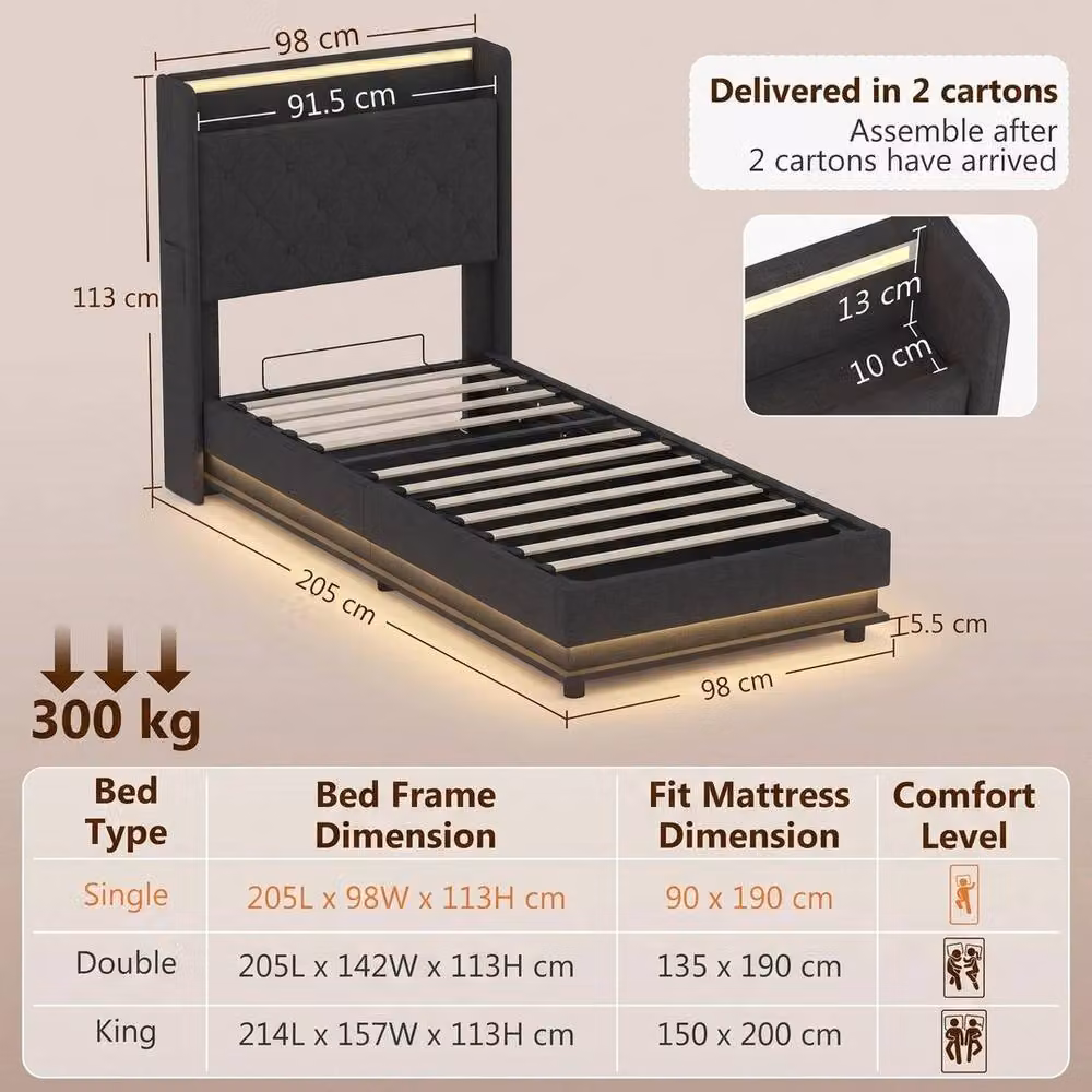 FORGEVIO Lift Up Storage Bed Frame with RGB LED Under-Bed Lighting in Dark Grey Fabric, 90 x 190 cm – 3