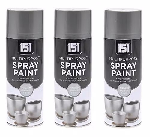151 Multi Purpose Metallic Silver Spray Paint Aerosol for Wood, Metal and Brick, 3 x 400ml