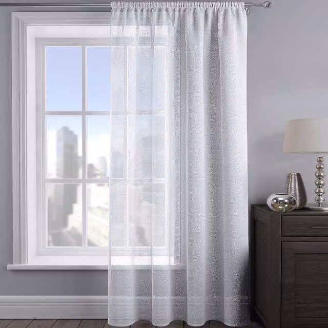 Velosso Shimmering White and Silver Transparent Voile Fabric Panel with Rod Pocket, Width: 228.6 cm