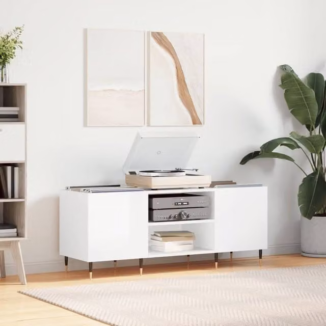 Berkfield Home Record Cabinet in High Gloss White, W/D/H: 121 x 38 x 48 cm