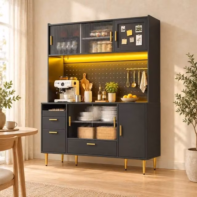 STILVORA Modern Tall Storage Cabinet in Black with Integrated LED Lighting and Sliding Glass Doors – 1