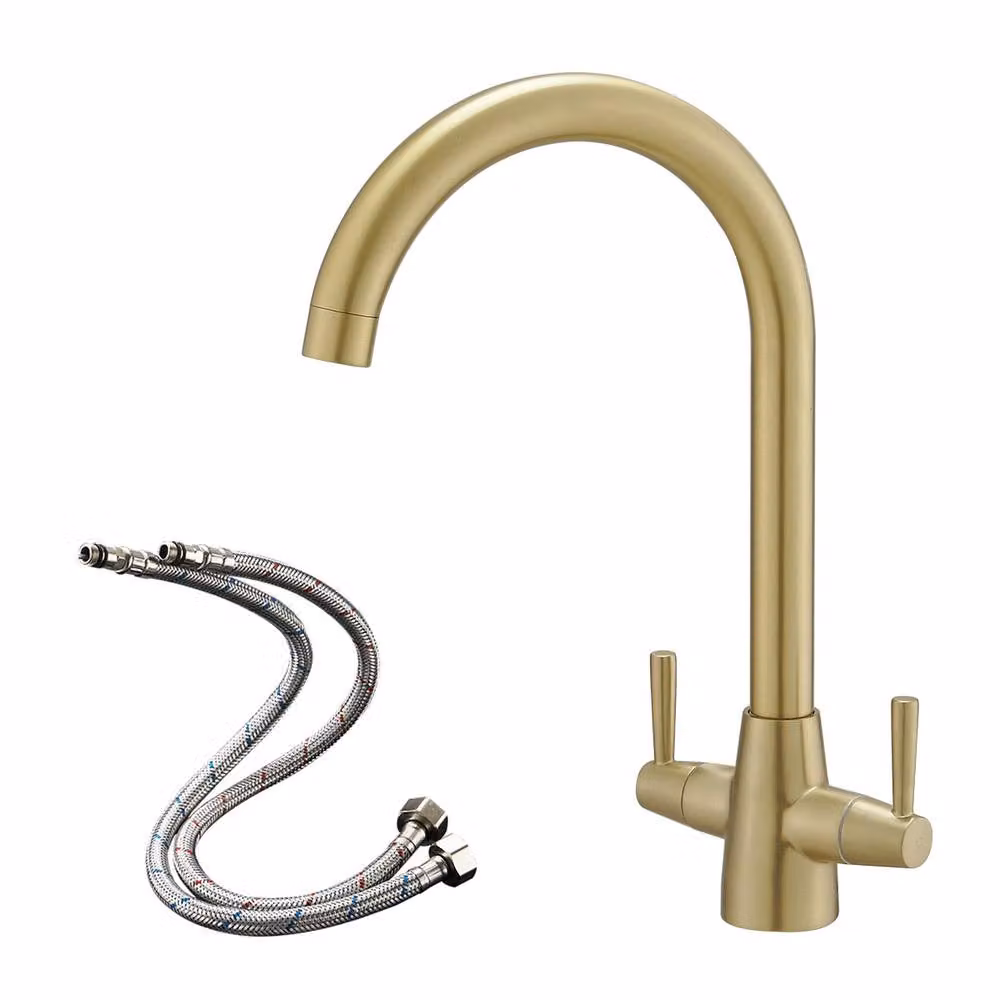 Heable Brushed Gold Dual Lever Kitchen Mixer Tap with Swivel Spout – 2