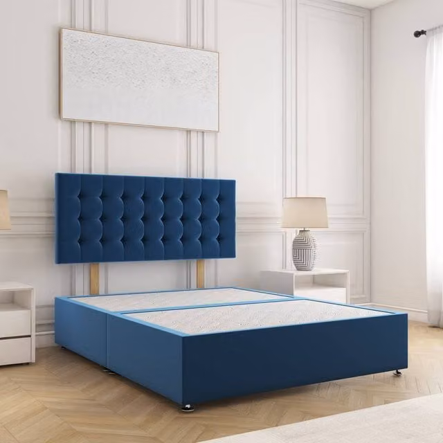 BSSPOKE Isla Divan Bed with 24 inch Plush Velvet Headboard in Blue, King Size, W/D/H: 180 x 200 cm