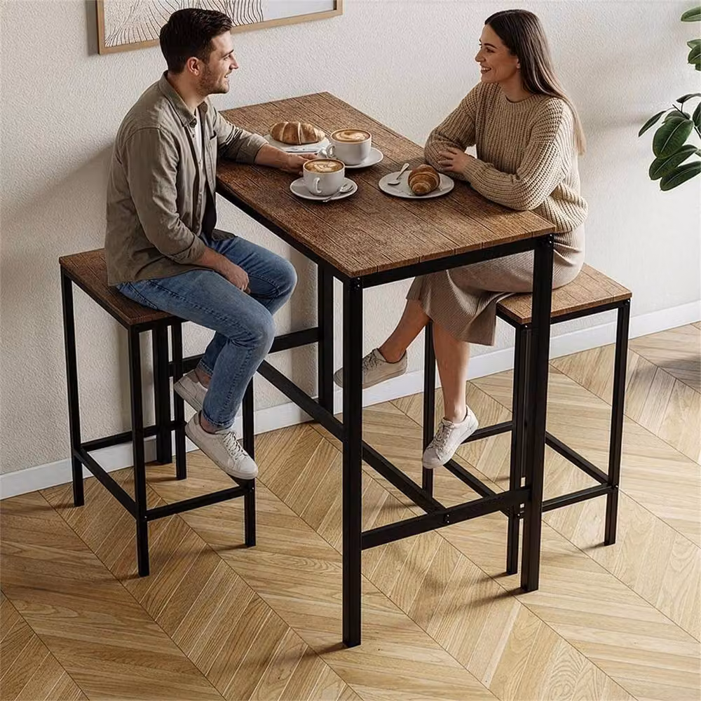 NESTLUNE Modern Brown Wood Bar Table and 2 Stool Set for Kitchen and Dining Rooms W/D/H: 100 x 15 x 15 cm – 3