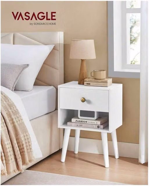 VASAGLE White Bedside Table with Drawer and Open Shelf