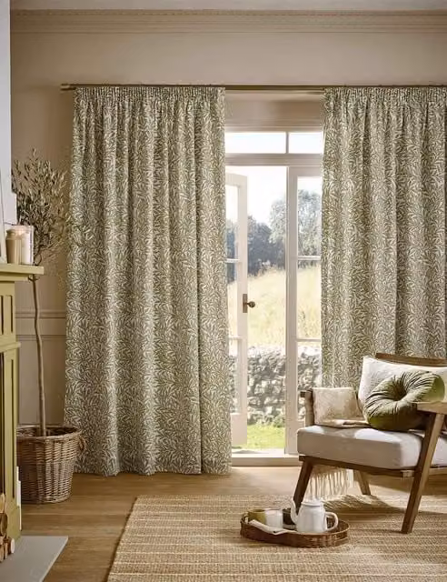 William Morris At Home Original Willow Pencil Pleat Cotton Curtains, Green Mix, H: 229 cm x W: 168 cm