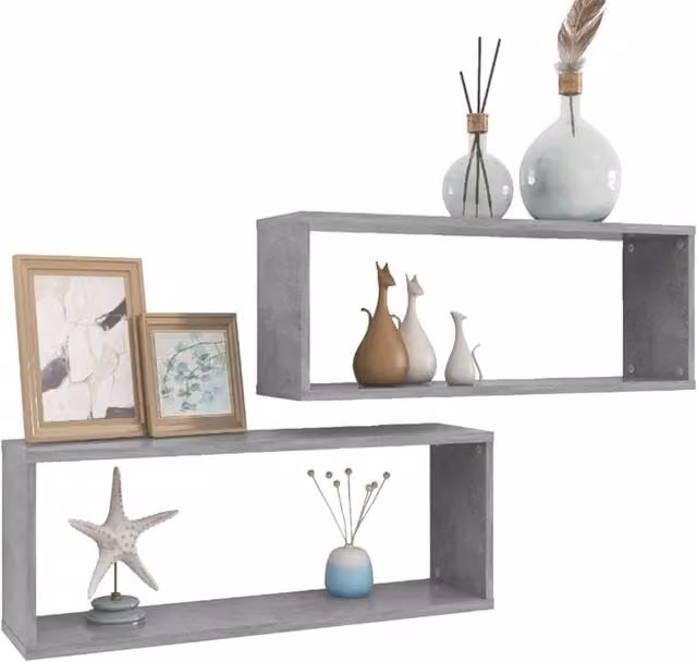 Berkfield Home Wall Mounted Cube Shelf Set of 2, Concrete Grey, W: 60 cm, D: 15 cm, H: 23 cm