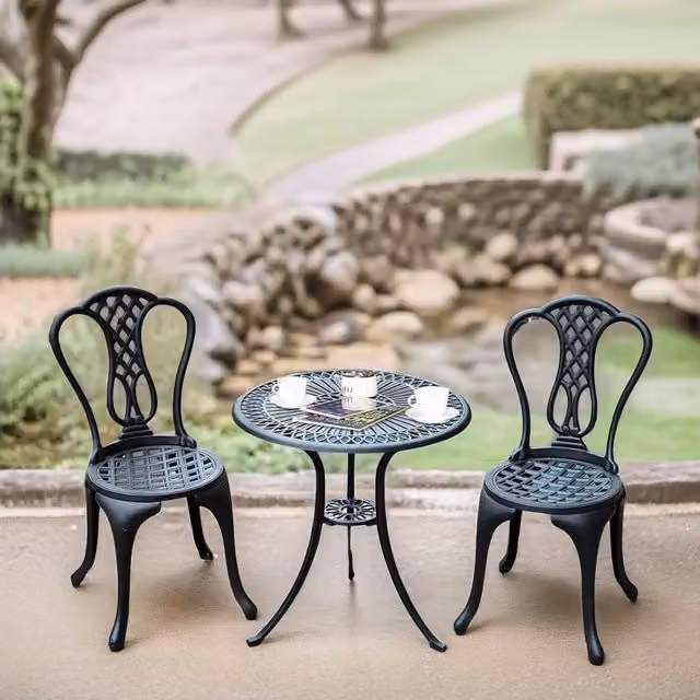 FURNOS Set of 3 Black Cast Aluminium Vintage Bistro Table and Chairs for Garden or Balcony – 1