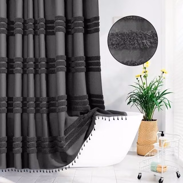 INHOUSOLU HOME DECOR Grey Luxury Tufted Chenille Shower Curtain with Tassels, Height: 184 cm – 1
