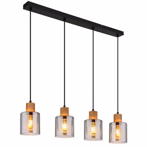 Netlighting Aleidis Industrial Pendant Light with Brown Wood and Black Metal in Black and Brown with Transparent Glass Spheres, 4x E27, Height: 120 cm – 1