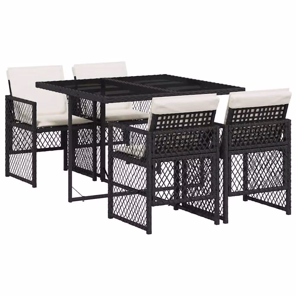 Berkfield Home 5 Piece Black Poly Rattan Garden Dining Set with Cushions and Glass Top – 2