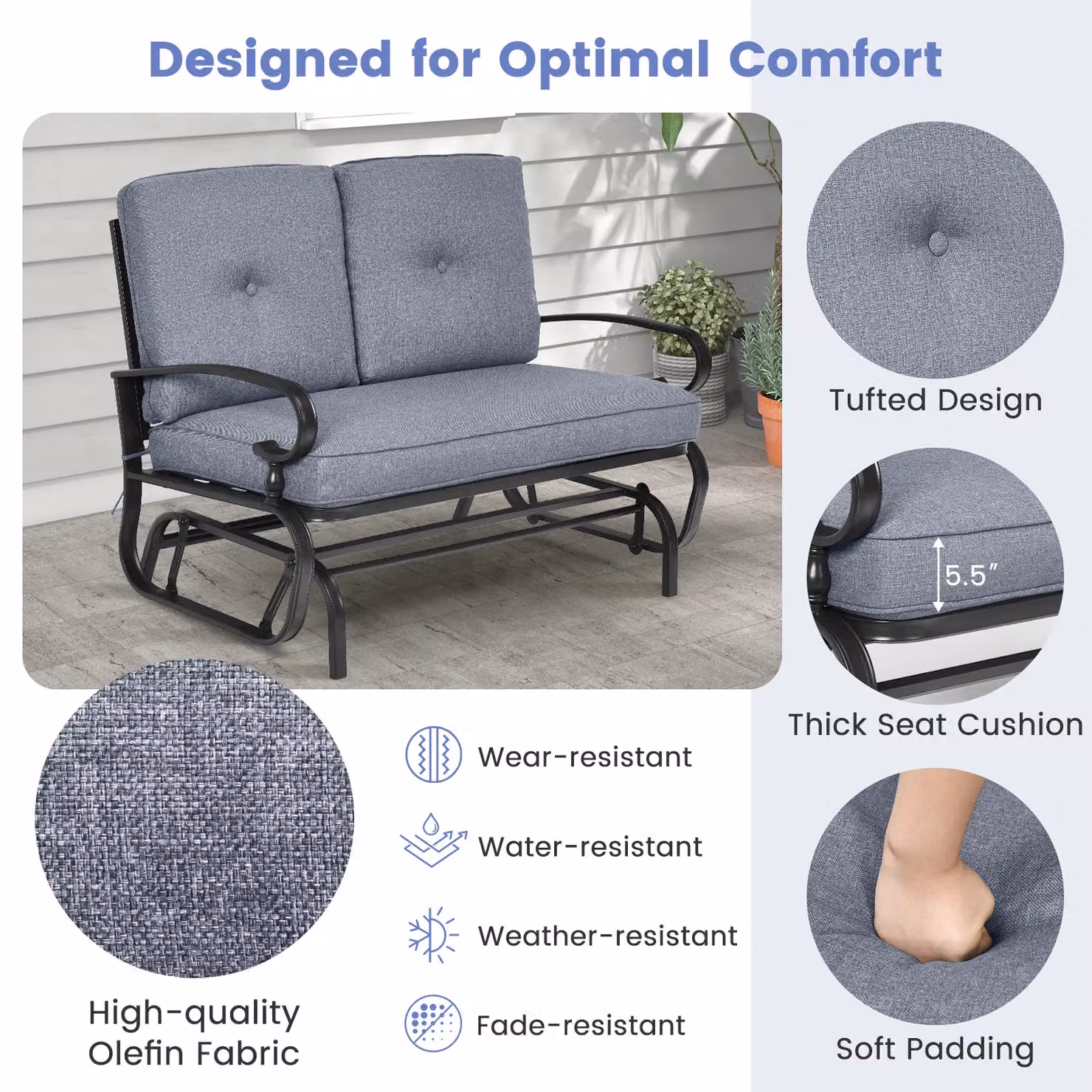 Gymax 2-Seater Outdoor Swing Glider Chair with Cushions in Grey – 3