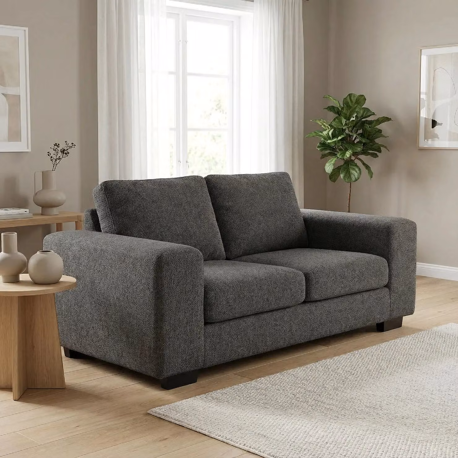 Abakus Direct Boston 2 Seater Sofa in Dark Grey with Basket Weave Fabric and Solid Wood Frame – 2