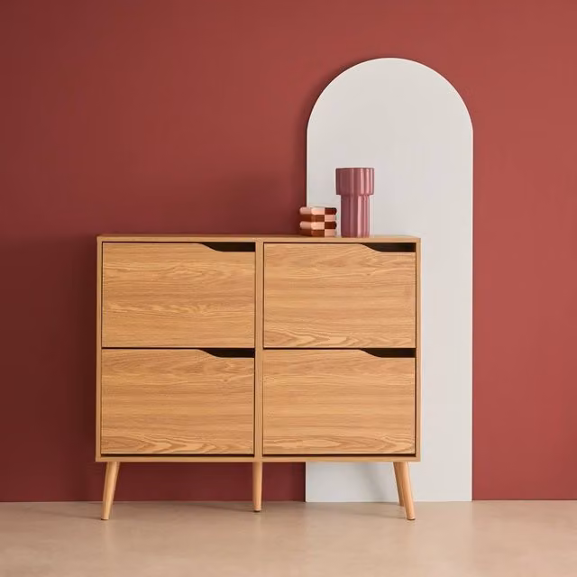 sweeek Scandinavian Wood Effect Shoe Cabinet in Beige with 4 Drawers and Tilting Compartments, W/D/H: 110 x 23.5 x 96 cm