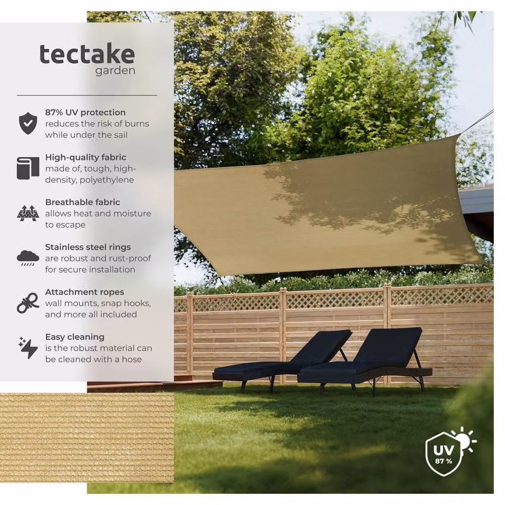 tectake Sun Sail Sonny UV Protected and Water-Resistant Square Shade Sail in Light Sand – 2
