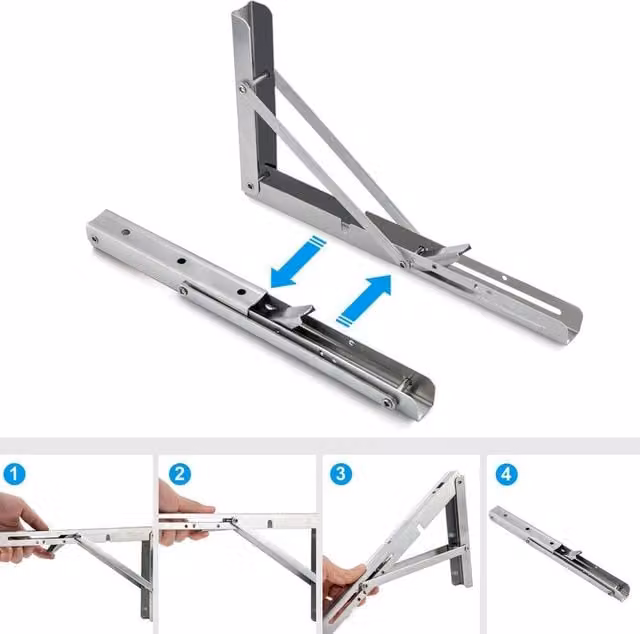SPETLEK Silver Stainless Look Folding Shelf Bracket Set of 2, Wall Mounted Triangle Bench Brackets