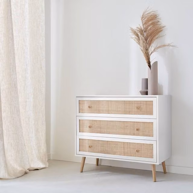 Sweekeec 3-Drawer Scandinavian Style Chest with Wood and Cane Effect in White
