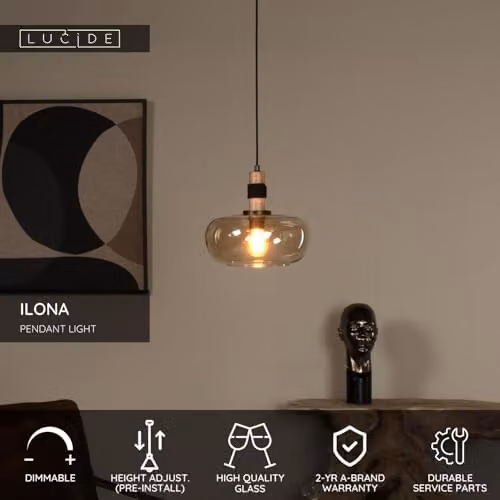 Lucide Ilona Amber Glass Pendant Light, Diameter: 30 cm – 2
