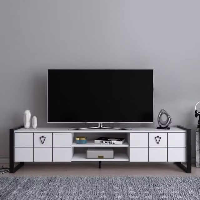 Decorotika Mila Modern TV Unit TV Stand in White and Black, W/D/H: 184 x 45 x 40 cm