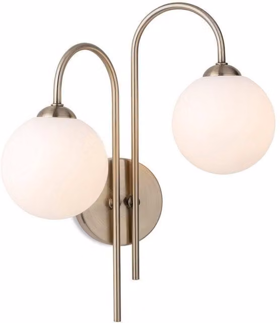 Netlighting Lyndon 2 Light Globe Wall Lamp in Antique Brass with Opal White Glass
