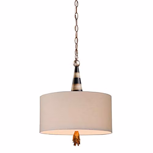 Loops Suspended Cylinder Ceiling Pendant Light in Black, Cream and Gold/Brass with Fabric Shade and Pull Chain