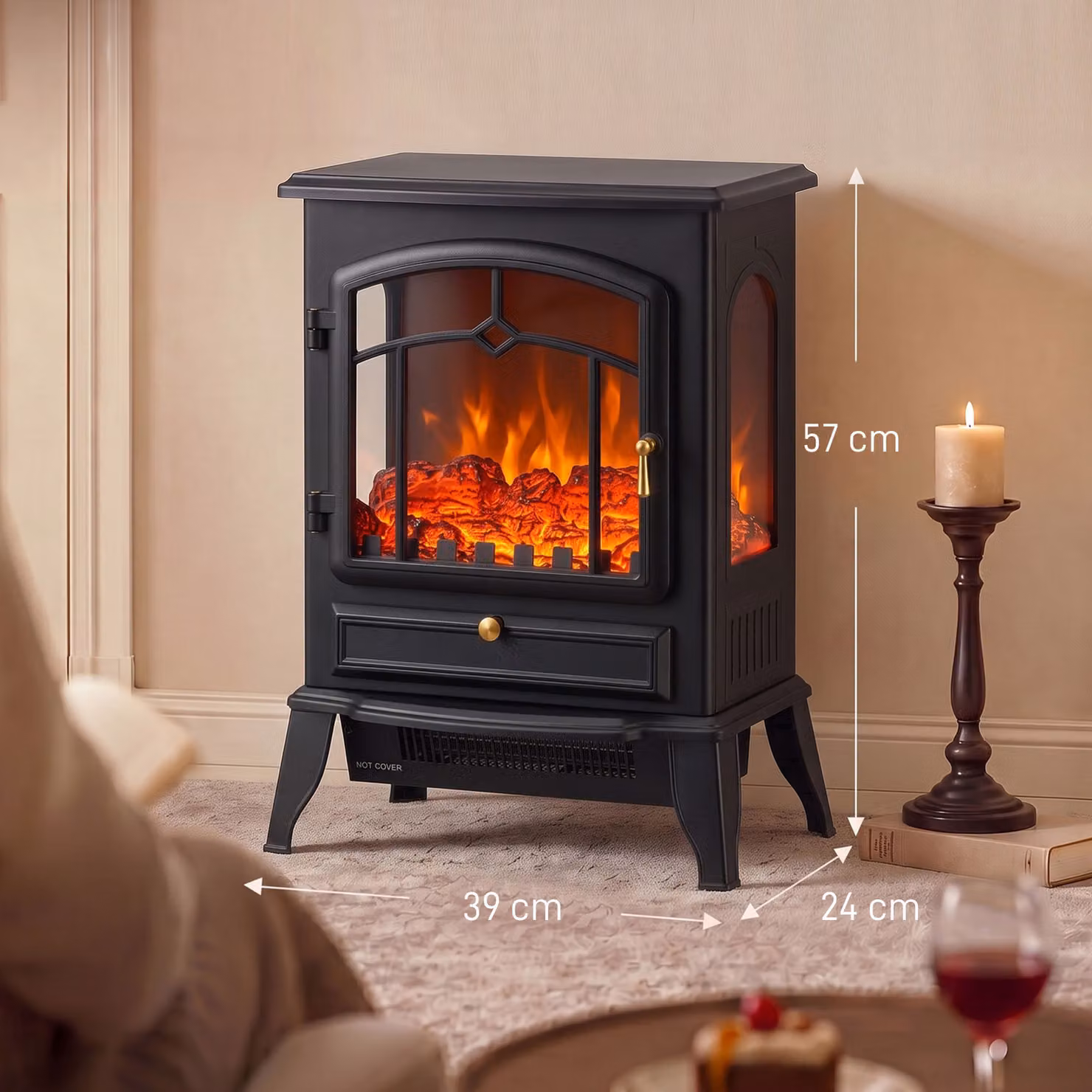 HOMCOM Electric Fireplace Stove, 1000/2000W 3-Sided Freestanding Heater with 3D Flame Log and Thermostat, Black – 3