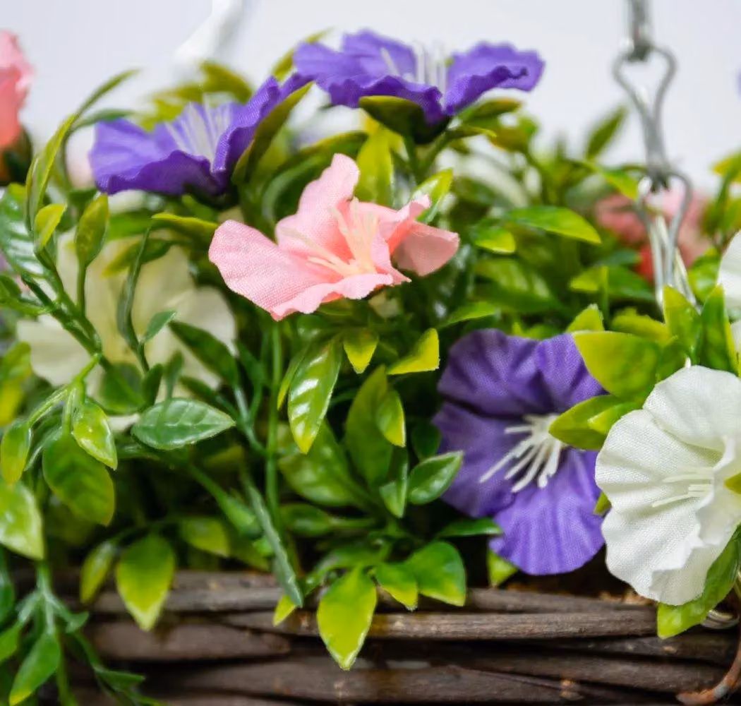 Primrose Artificial Petunia Flowers in a Rattan Hanging Basket, Pink, Purple and White, Diameter: 25 cm – 2