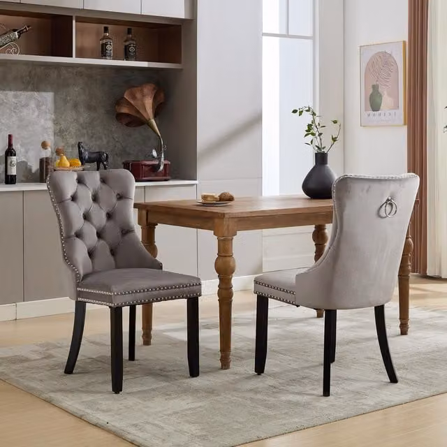 Aosom UK Set of 6 Grey Velvet Upholstered Dining Chairs with Button Tufted Backrest and Solid Wood Legs, W/D/H: 64 x 50 x 96 cm