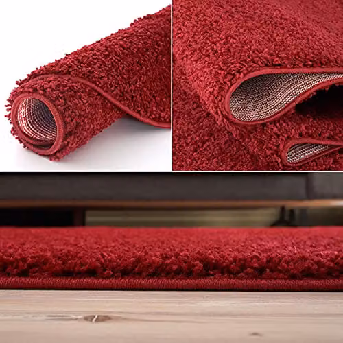 THE RUGS Red Plain Shaggy Round Rug for Living Room and Bedroom, Diameter: 120 cm – 5