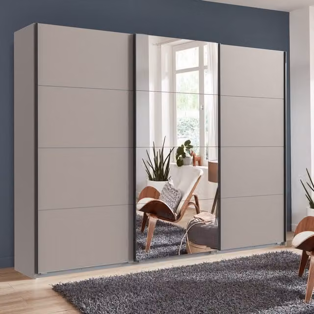 TJS Modern 4 Door Sliding Wardrobe with Mirrors in White and Grey