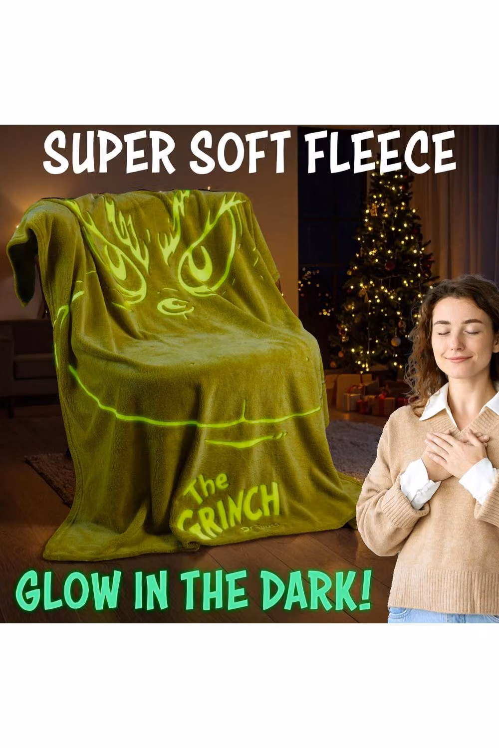 Get Trend The Grinch Glow in the Dark Fleece Throw Blanket, Green, W/D/H: 130 x 150 cm – 7