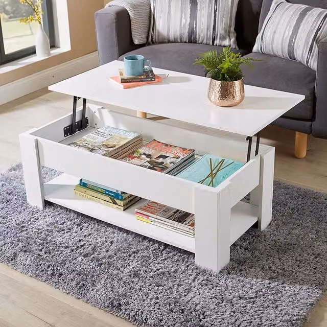 Home Source Orlando Lift Up Coffee Table with Storage Shelf in White