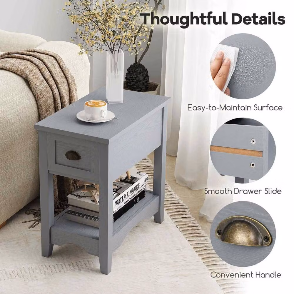 FORGEVIO Retro Rectangular Side Table and Nightstand with 1 Drawer, Grey – 4