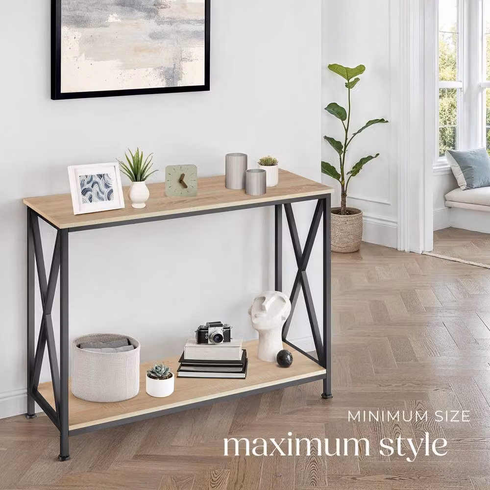 tectake Tacoma Console Table with 2 Shelves and Side X-Braces in Light Oak – 4
