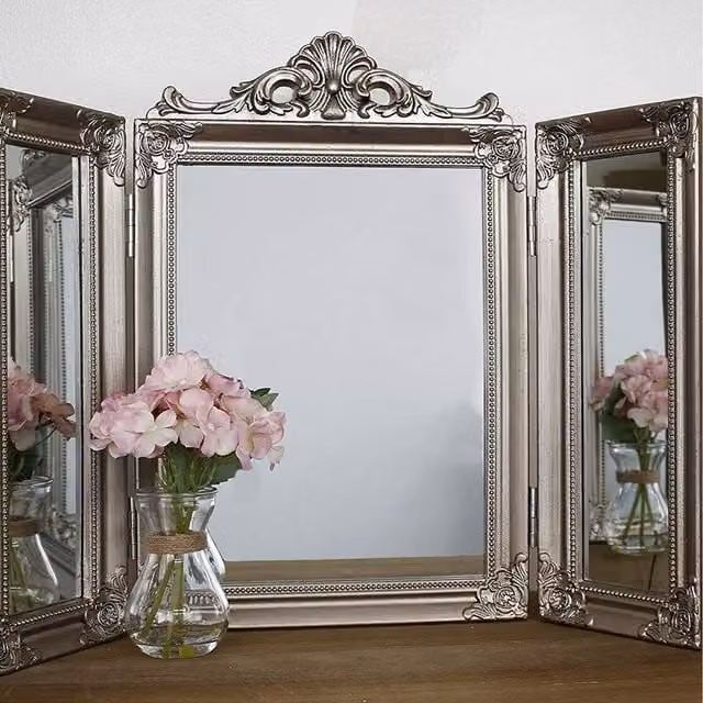 Marco Paul Antique Distressed Gold Trifold Tabletop Mirror