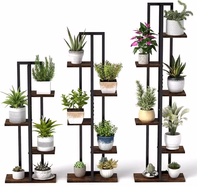 COSTWAY Modern Multi-Tier Freestanding Indoor Plant Stand in Brown Metal and Wood