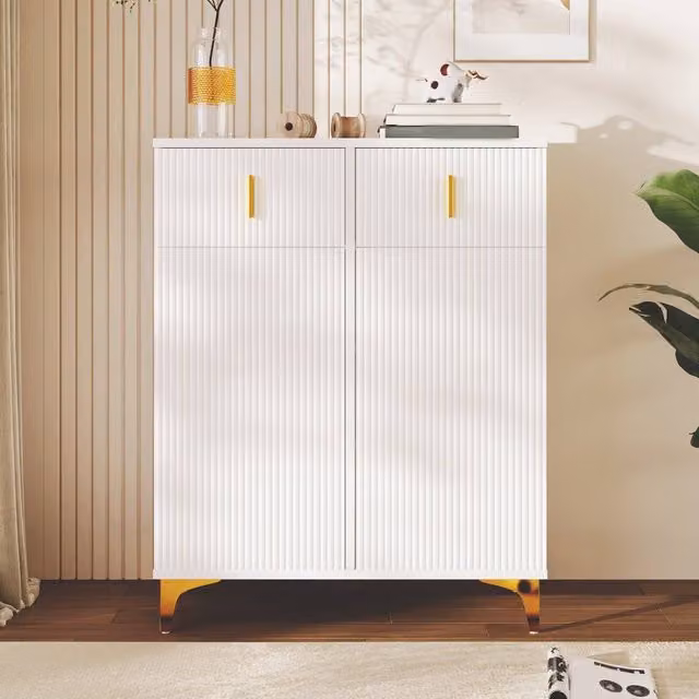 ModernLuxe White and Gold Sideboard Shoe Cabinet with Soft-Close Doors and Drawers, W/D/H: 101 x 35 x 83 cm